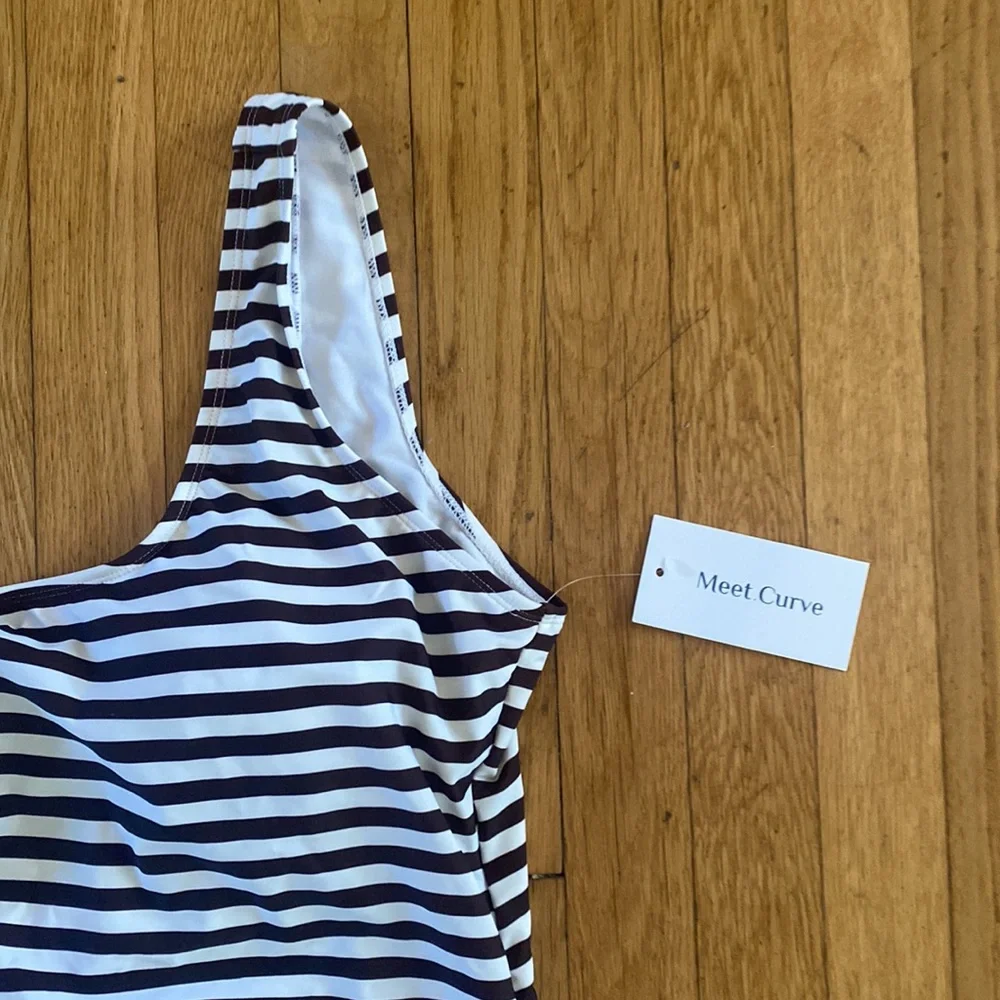 MEET CURVE Brown & White Sexy Stripe Backless One Piece Swimsuit 3 XL NEW - Picture 4 of 7